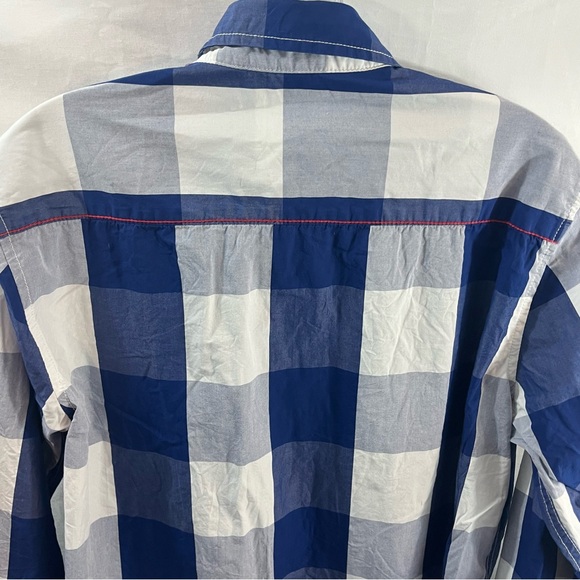 Fredd Marshall Mens Button Up Shirt Navy White Buffalo Plaid Flip Cuff Sleeve L - Picture 5 of 6
